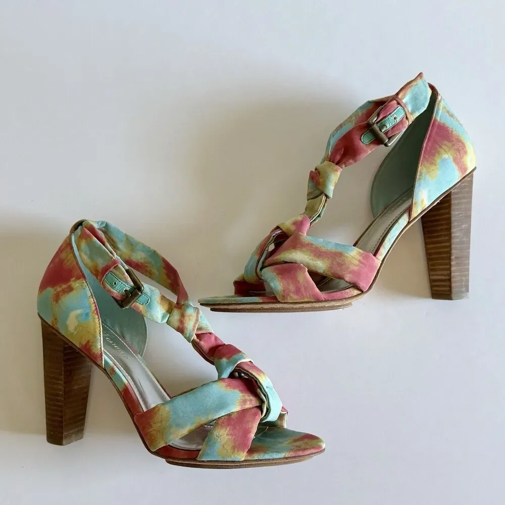 Vince Camuto Tie Dye Fabric Buckle Sandals High Block Heels Women's Size 9.5B